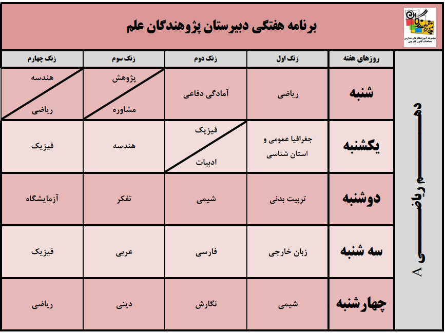 برنامه هفتگی پایه دهم ریاضی a